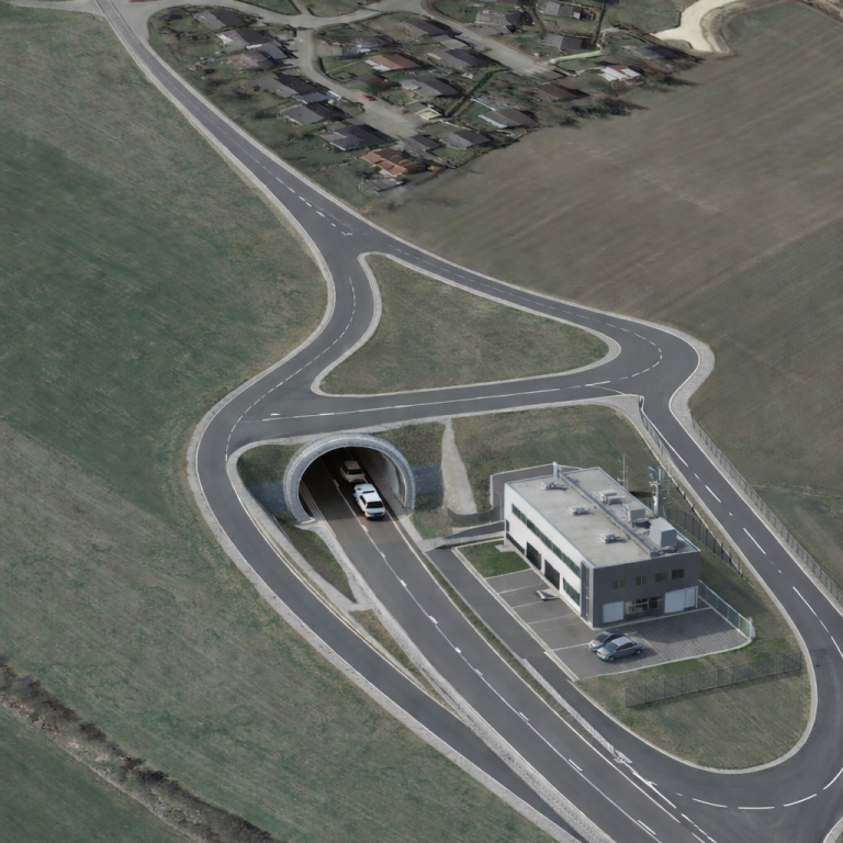 Das östliche Tunnelportal mit Sicherheitszentrale